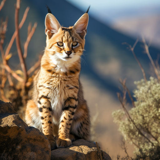 Serval cat sitting in front of mountain scenery