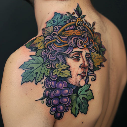 Vibrant tattoo of Dionysus surrounded by grapes and wine