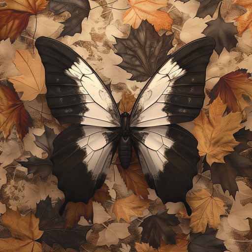 Autumn illustration in photo realistic style with flat random background, monochrome palette and detailed wings