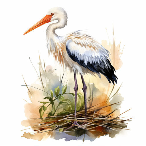 Stork illustration in the style of oil painting, on a white background