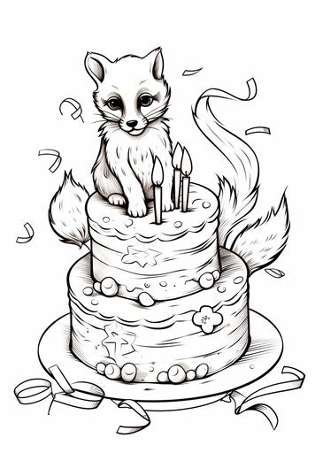 Birthday cake with balloons and canaries, printmaking 23:33