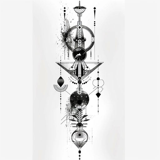 Bold unalome tattoo with geometric patterns