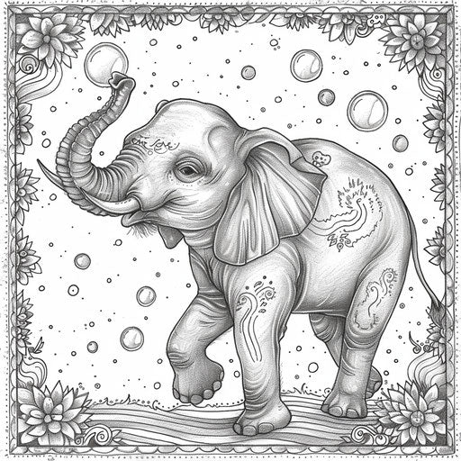 Playful elephant blowing bubbles with its trunk. Coloring book page