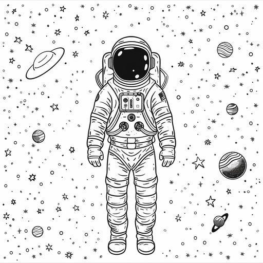 Astronaut in starry space, coloring book page