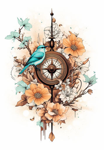 Floral tattoo compass on branch or birds on compass tattoo