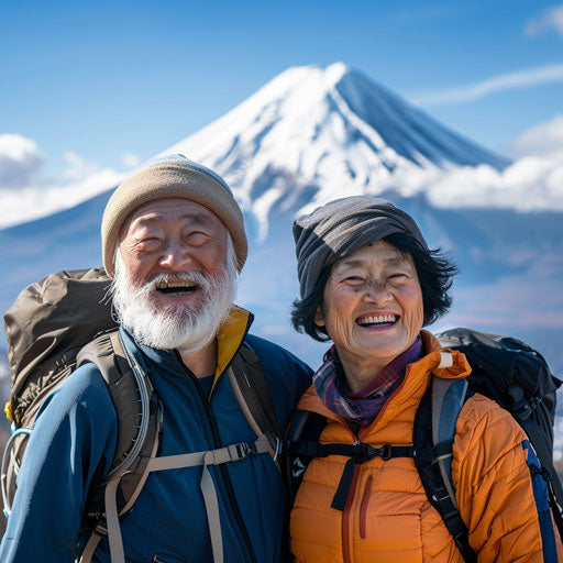 Hiking woman and man 50 years old at Fuji mount, smile, happy moment