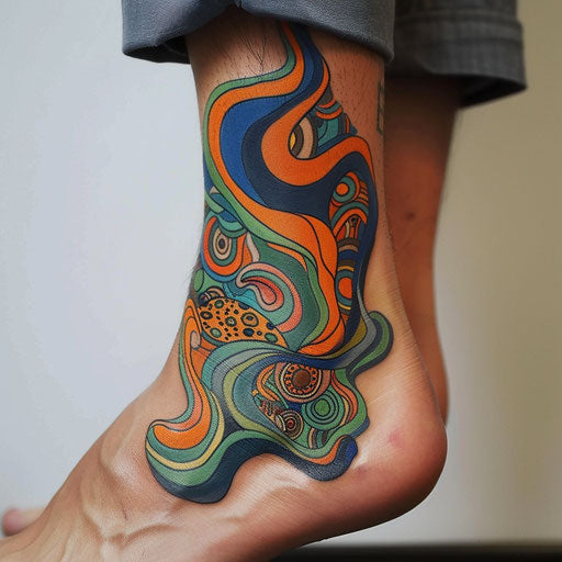 Ankle tattoos with vibrant abstract patterns in the style of Guy Aitchison