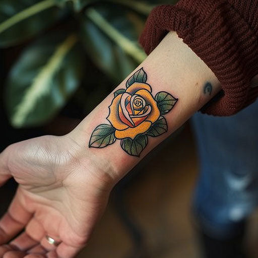 Rose wrist tattoo in the style of Ed Hardy