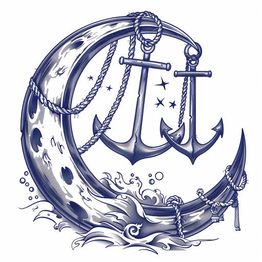 Traditional half moon with classic sailor motifs in navy and white, clipart style