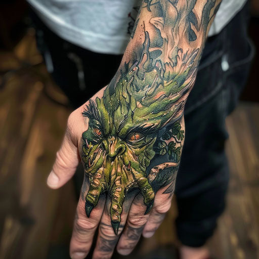 Hand tattoo with a fantasy creature