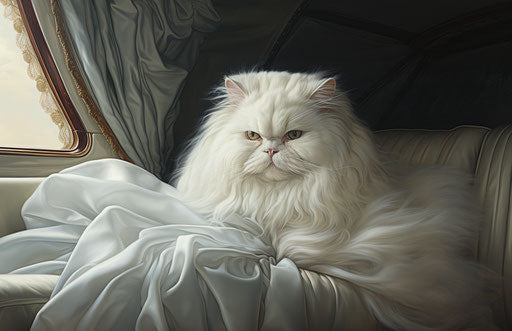 Persian cat sitting in a car, white accents, grand scale 17:11