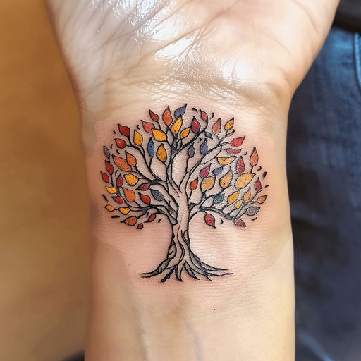 Sketch of tattoo of a whimsical tree of life with colorful leaves for wrist coverup tattoo for women