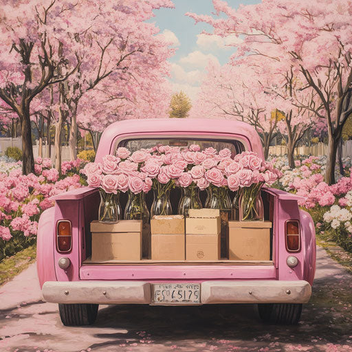 Pink truck filled with vases of flowers, cherry blossoms background