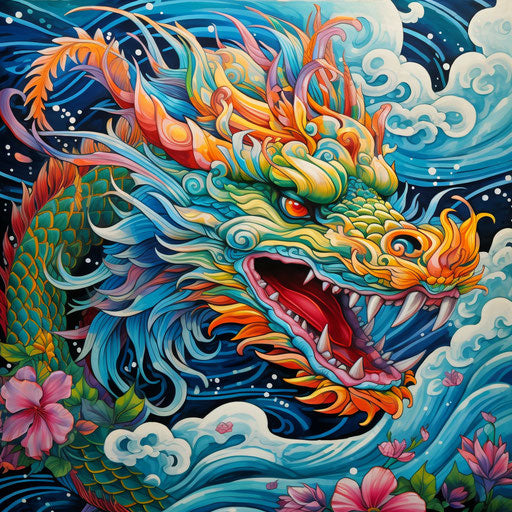 The colorful tattooed Asian dragon in holotone style