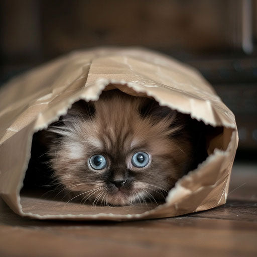Himalayan kitten playing peek-a-boo in a paper bag