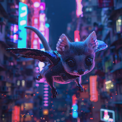 A cyberpunk sugar glider navigating the neon-lit streets of a futuristic city