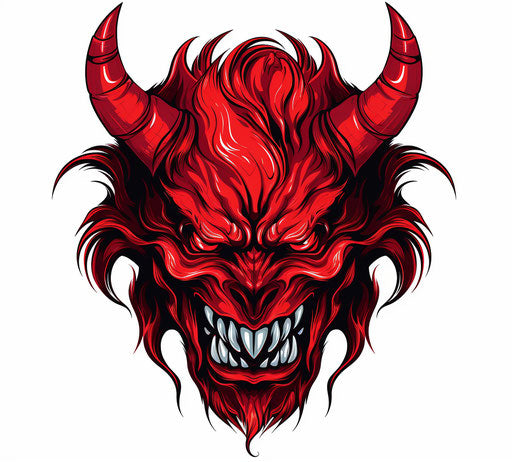 Red devils head on white background, vibrant neo-traditional style