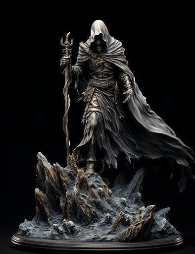 The grim reaper figure on a rocky hill in inkblots style