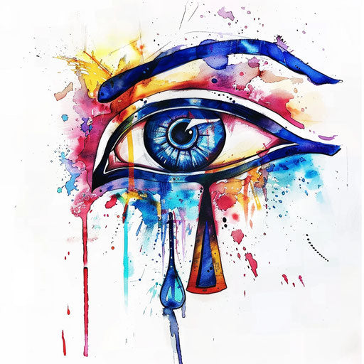 Vibrant Eye of Horus tattoo blending watercolor with Egyptian symbols on white