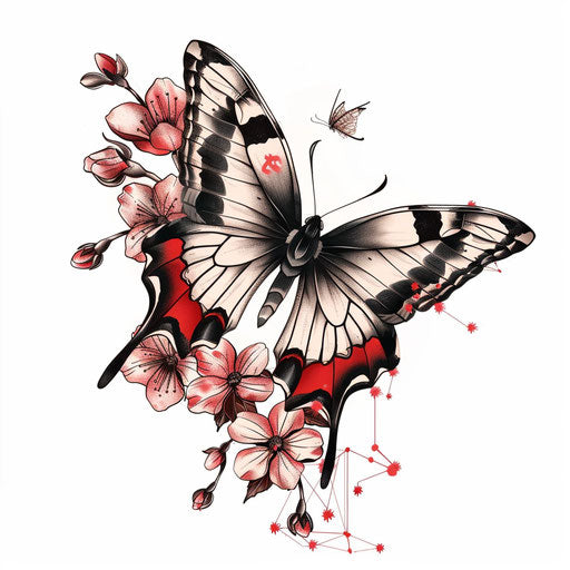Traditional Japanese style butterfly and cherry blossom tattoo