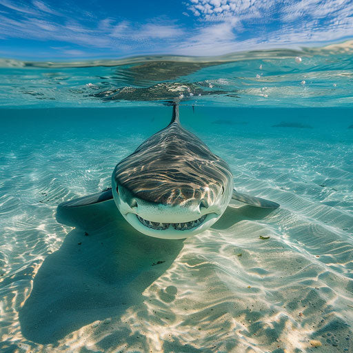The reflective gaze of a tiger shark in the clear waters near a sandy beach