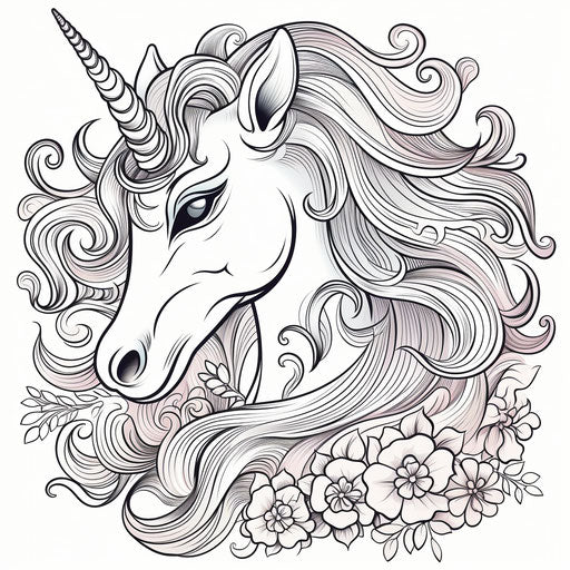 Drawing of an abstract unicorn face unicorn coloring page, full body style, graceful poses