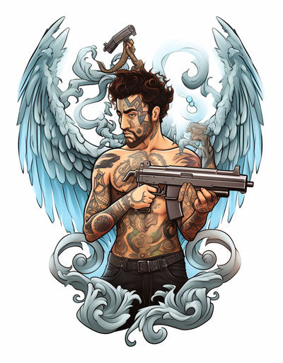 Tattooed man with gun, angelic cartoon style, berlin secession