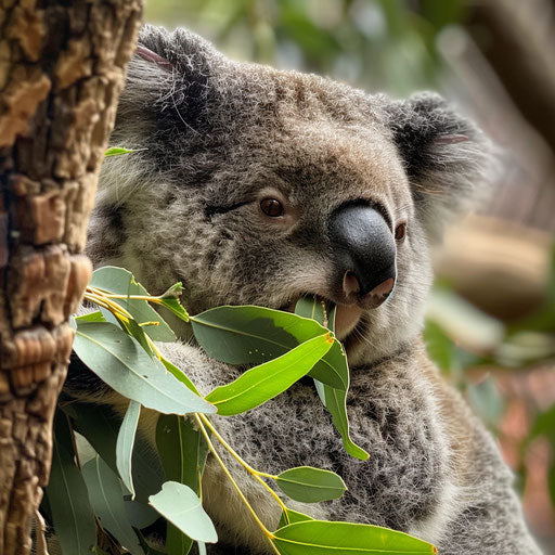 Koala eating eucalyptus leaves, close-up on texture and detail