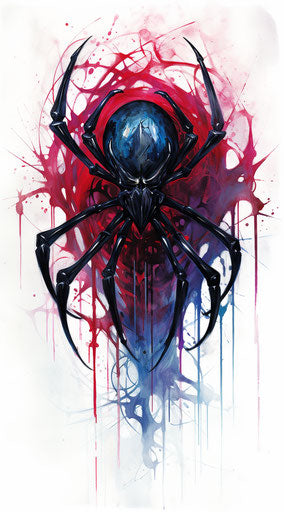 Black spider in pink and blue ink wash style