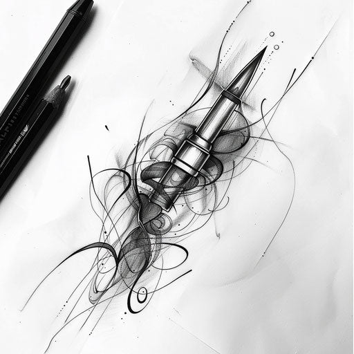 Dynamic flat tattoo sketch of a bullet in motion with abstract smoke trails