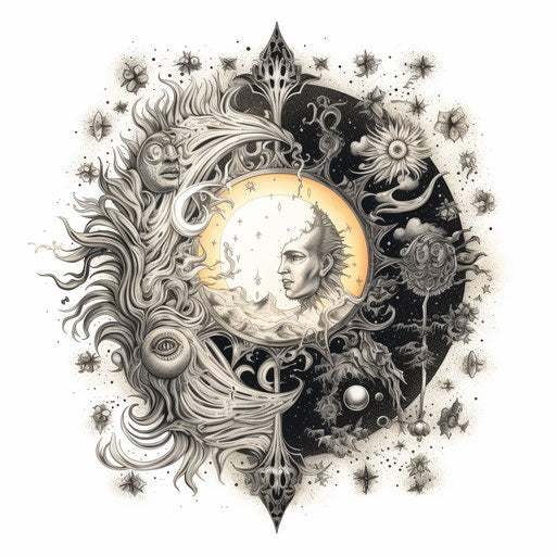 Sun and moon in exquisite black and white engravings