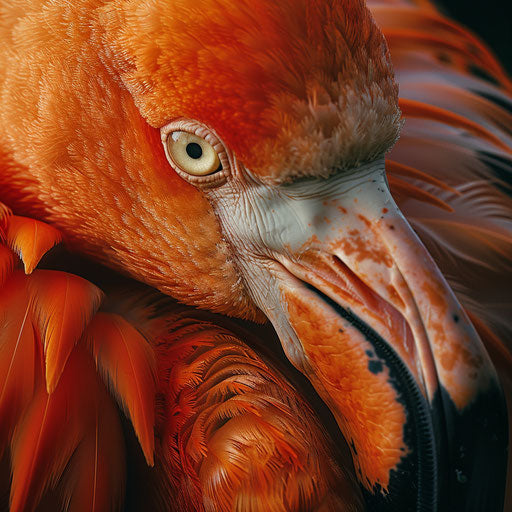 Close-up of a flamingo's eye, detailed feathers framing
