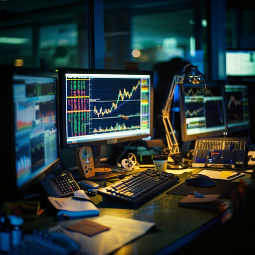 Financial composition with graphs illuminating a trader's desk