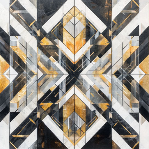 Geometric pattern inspired by Art Deco with symmetry and metallic hues on white background
