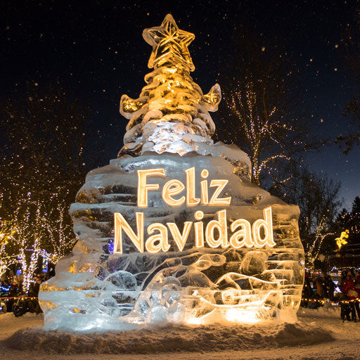 Merry Christmas carved into a giant ice sculpture