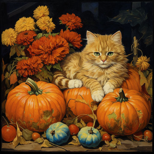 Cat relaxing with pumpkins