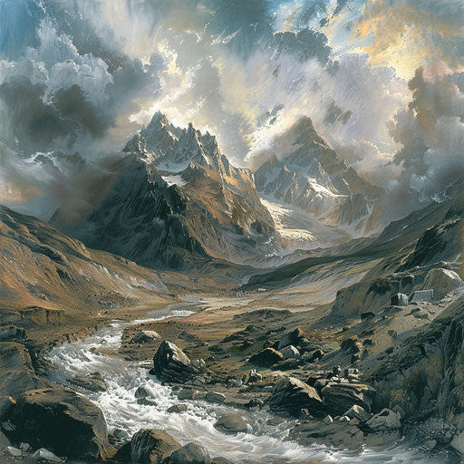 A historical view of the Karakoram with detailed brushstrokes