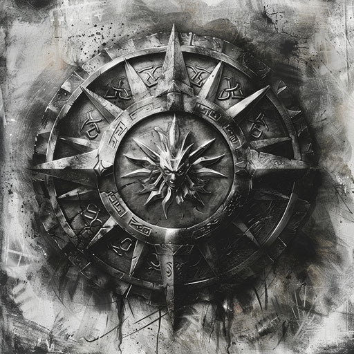 Mystical sketch of a Witcher's medallion surrounded by magical runes, silver and black, clipart style