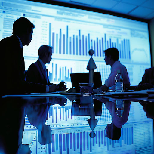 Executive strategy meeting, detailed financial charts on screen