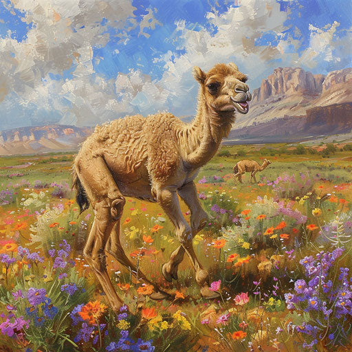 First steps of a baby camel among desert wildflowers