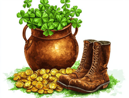 Clover and gold coins with an old leather boot nearby