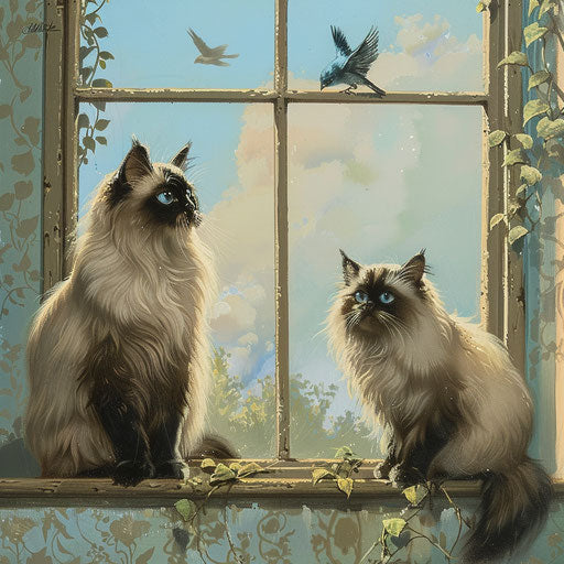 Two Himalayan cats watching birds from a window sill