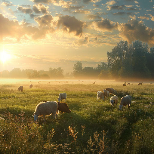 Farm animals in a serene meadow at dawn