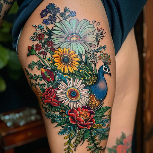 Wildflower tattoo with peacock, detailed feathers