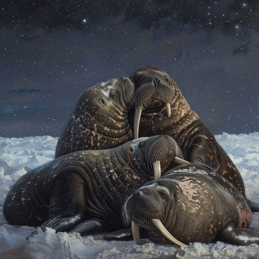 Close-knit family of walrus seals cuddling for warmth