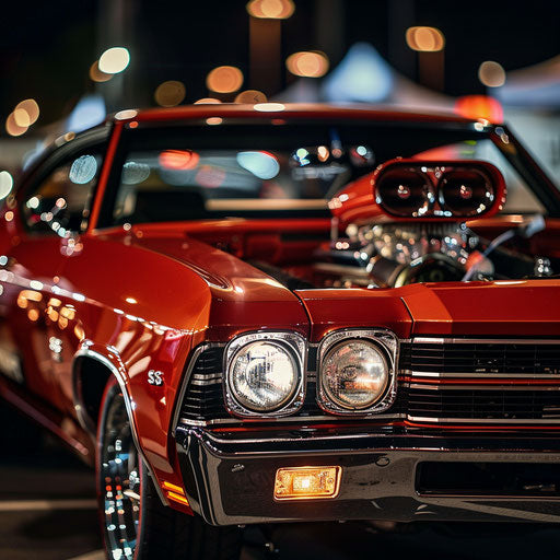 Chevrolet Chevelle SS 1969 with a blower protruding from the hood, parked under bright lights at a classic car show