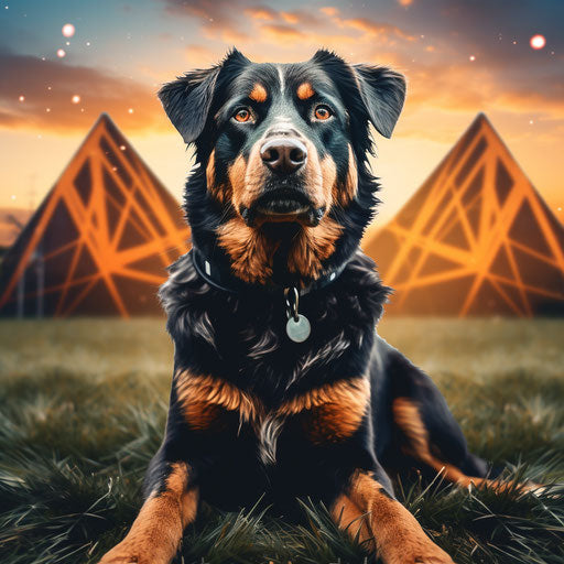 Dog sitting looking up at camera on grass