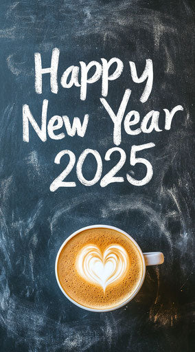 Happy New Year 2025, cheerful message on blackboard