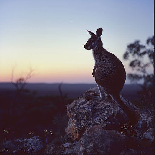 Dusk over Australian desert: Silhouette of Rock Wallaby with unique colors