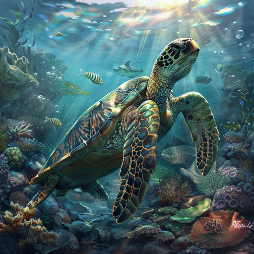 Sea turtle gracefully swimming in a coral reef